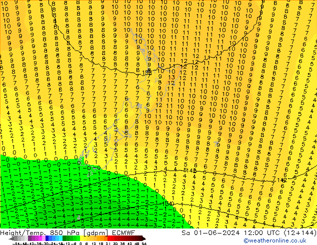 Height/Temp. 850 hPa ECMWF Sa 01.06.2024 12 UTC