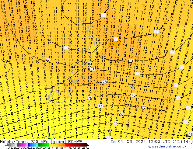 Yükseklik/Sıc. 925 hPa ECMWF Cts 01.06.2024 12 UTC