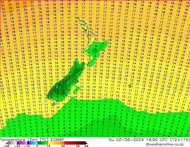 Temperatura (2m) ECMWF dom 02.06.2024 18 UTC