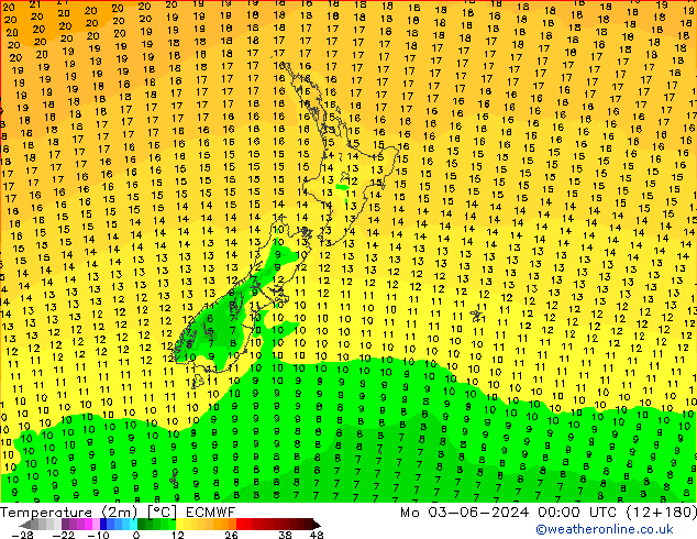 Temperature (2m) ECMWF Mo 03.06.2024 00 UTC