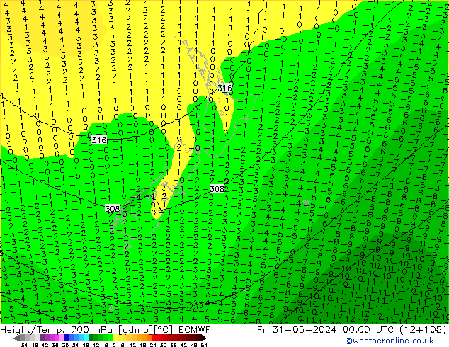 Height/Temp. 700 hPa ECMWF pt. 31.05.2024 00 UTC