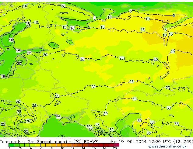 Temperature 2m Spread ECMWF Mo 10.06.2024 12 UTC