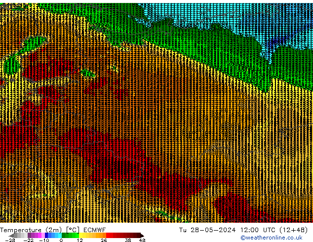 Temperatuurkaart (2m) ECMWF di 28.05.2024 12 UTC