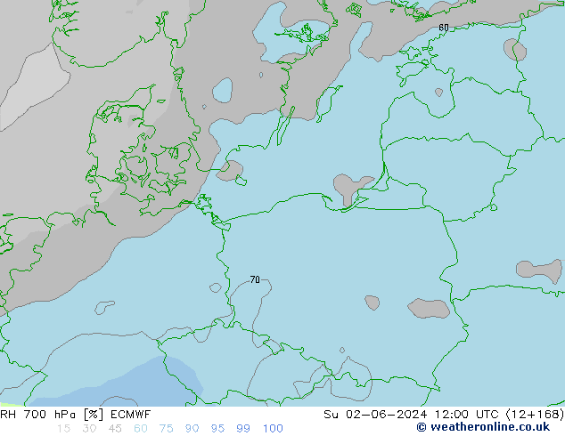 RH 700 hPa ECMWF Dom 02.06.2024 12 UTC