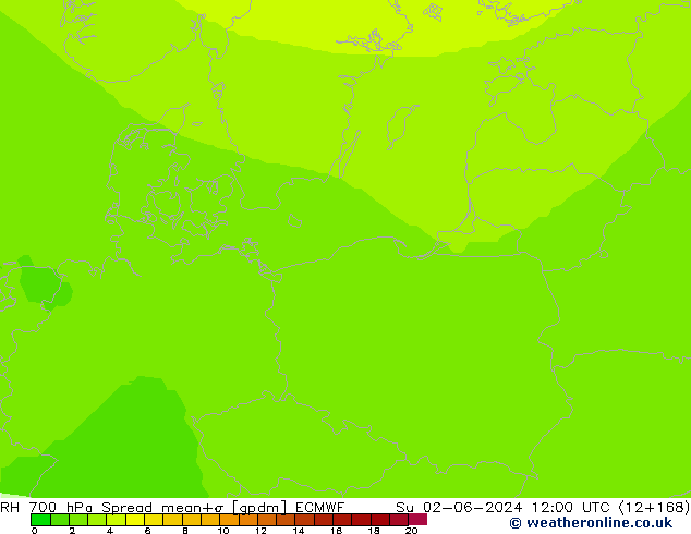 RH 700 hPa Spread ECMWF nie. 02.06.2024 12 UTC