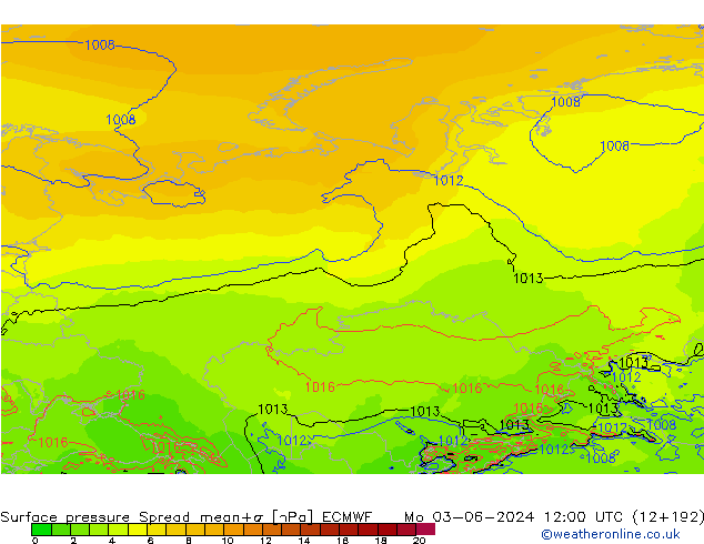 Pressione al suolo Spread ECMWF lun 03.06.2024 12 UTC