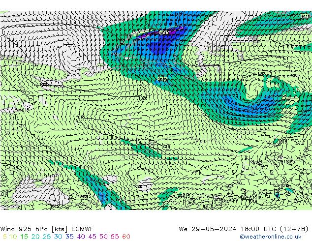 Viento 925 hPa ECMWF mié 29.05.2024 18 UTC