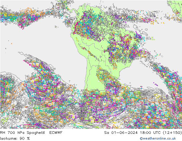 RH 700 hPa Spaghetti ECMWF Sa 01.06.2024 18 UTC