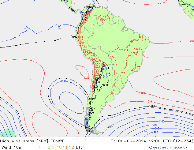 High wind areas ECMWF Čt 06.06.2024 12 UTC