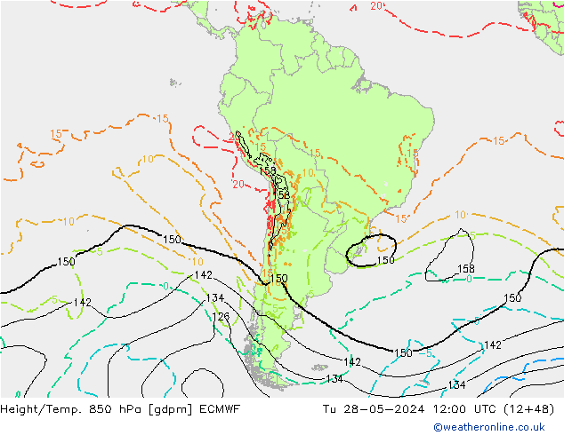 Hoogte/Temp. 850 hPa ECMWF di 28.05.2024 12 UTC