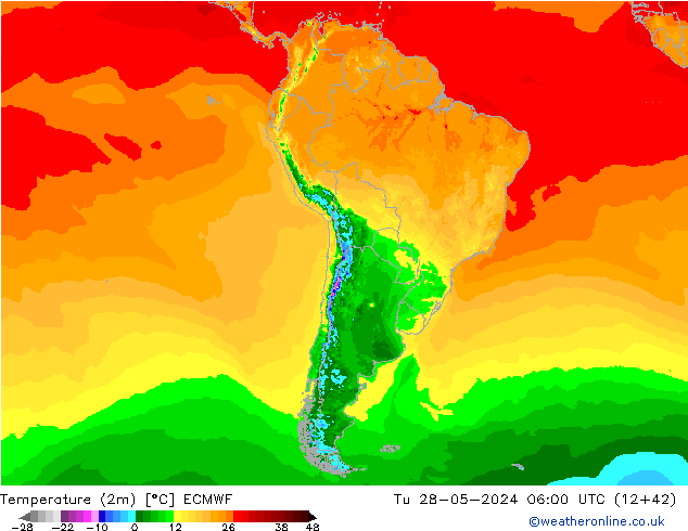 Temperature (2m) ECMWF Út 28.05.2024 06 UTC