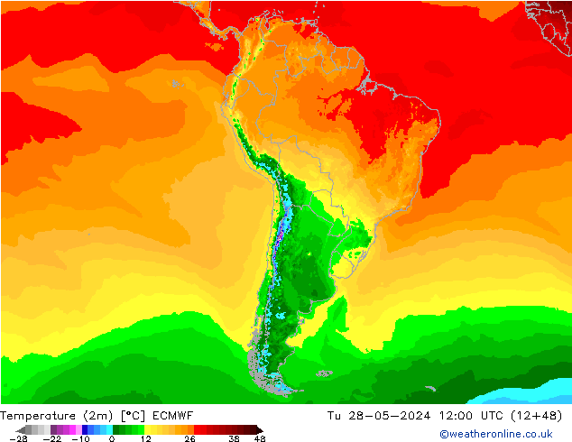 Temperatuurkaart (2m) ECMWF di 28.05.2024 12 UTC