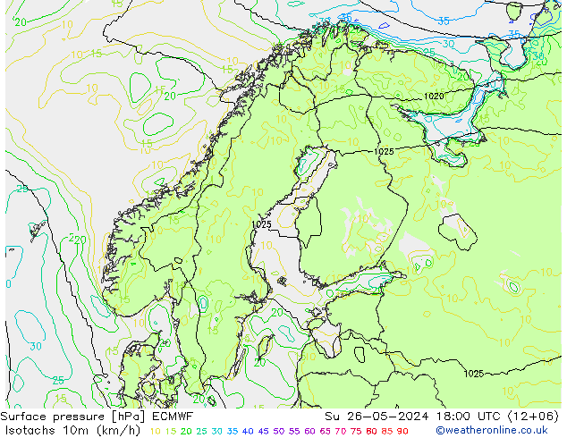 Isotachen (km/h) ECMWF So 26.05.2024 18 UTC