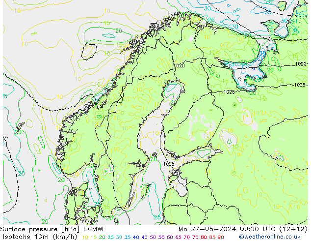 Isotachen (km/h) ECMWF Mo 27.05.2024 00 UTC