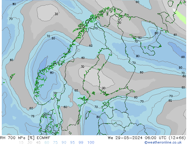 Humidité rel. 700 hPa ECMWF mer 29.05.2024 06 UTC