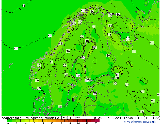 Temperatura 2m Spread ECMWF jue 30.05.2024 18 UTC