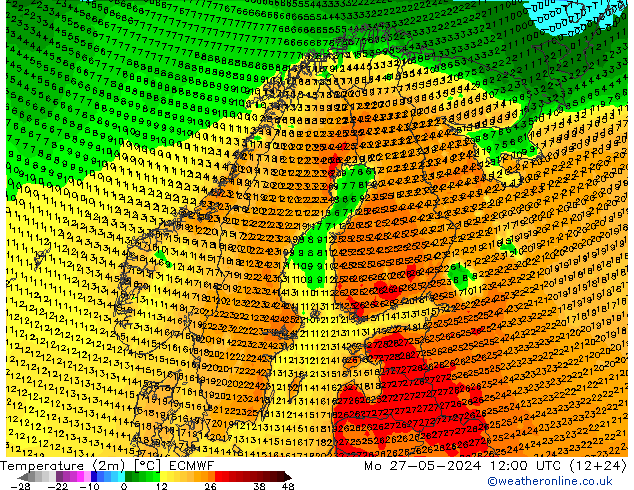 Temperatuurkaart (2m) ECMWF ma 27.05.2024 12 UTC