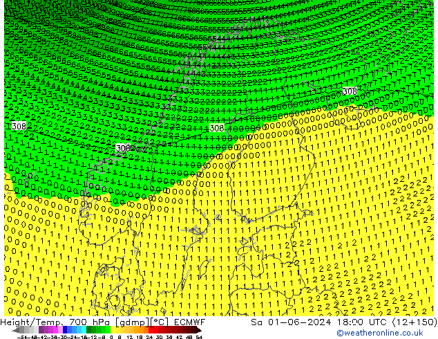 Height/Temp. 700 hPa ECMWF Sa 01.06.2024 18 UTC