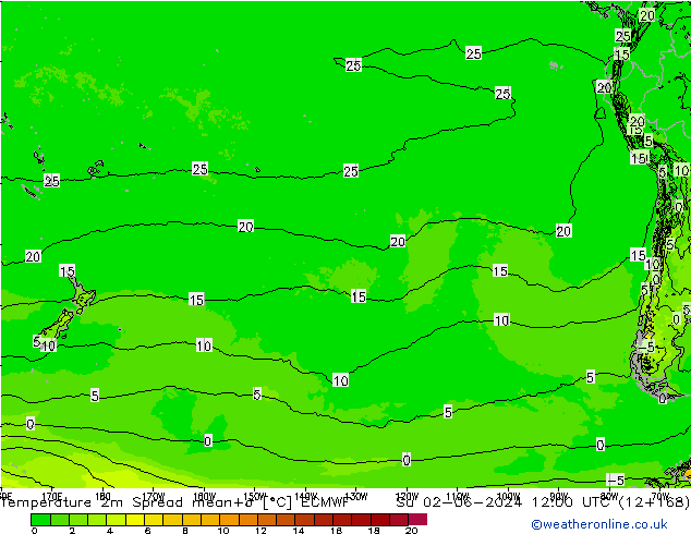 карта температуры Spread ECMWF Вс 02.06.2024 12 UTC