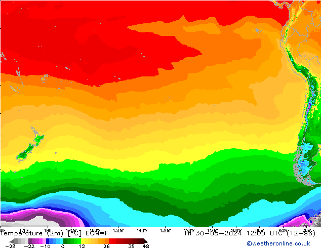 mapa temperatury (2m) ECMWF czw. 30.05.2024 12 UTC