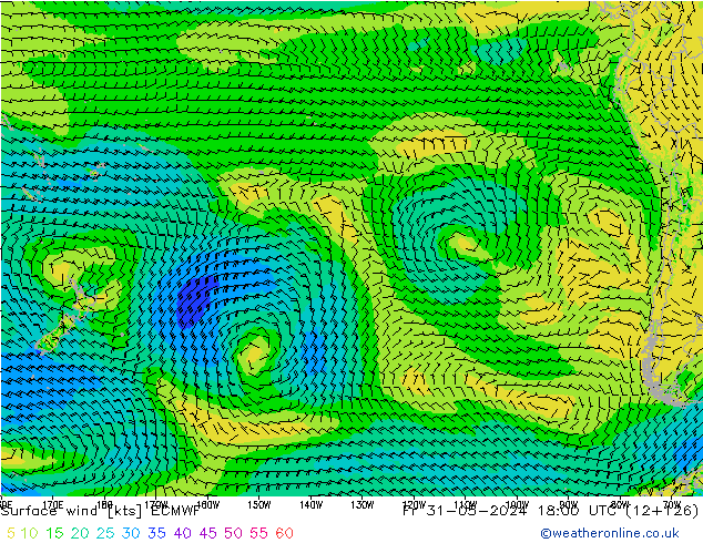 wiatr 10 m ECMWF pt. 31.05.2024 18 UTC