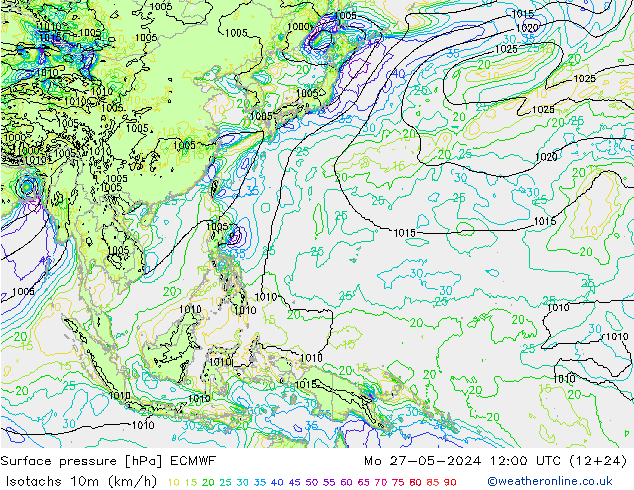 Isotachs (kph) ECMWF Po 27.05.2024 12 UTC