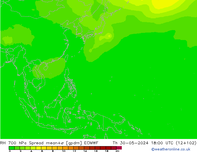 RH 700 hPa Spread ECMWF gio 30.05.2024 18 UTC