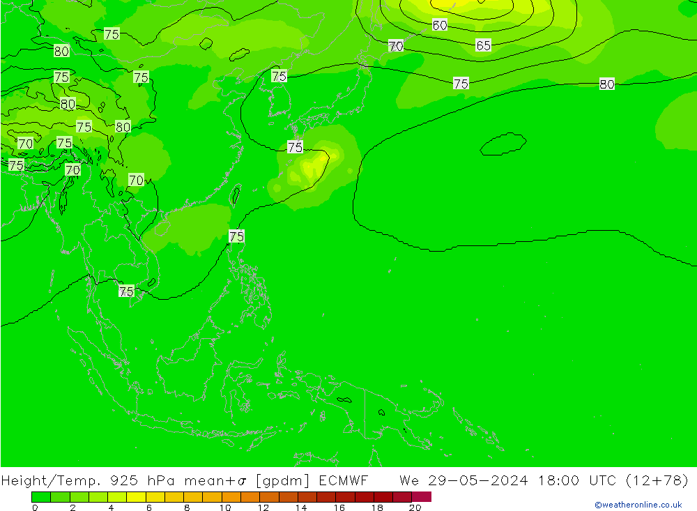 Hoogte/Temp. 925 hPa ECMWF wo 29.05.2024 18 UTC