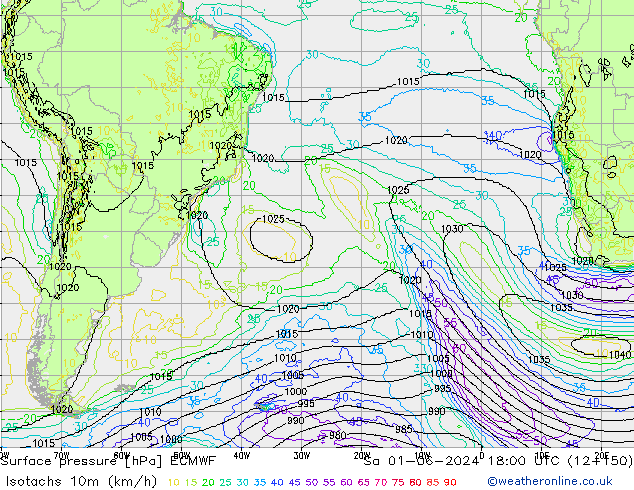 Isotachs (kph) ECMWF сб 01.06.2024 18 UTC