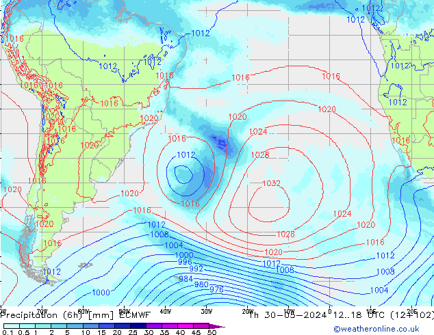 Precipitation (6h) ECMWF Th 30.05.2024 18 UTC