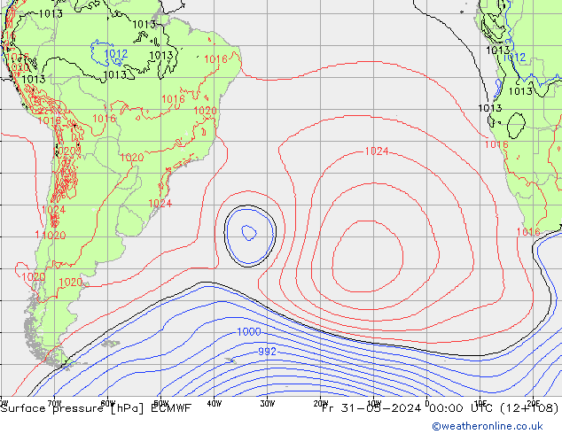 Presión superficial ECMWF vie 31.05.2024 00 UTC