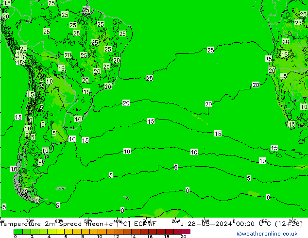 Temperatura 2m Spread ECMWF mar 28.05.2024 00 UTC