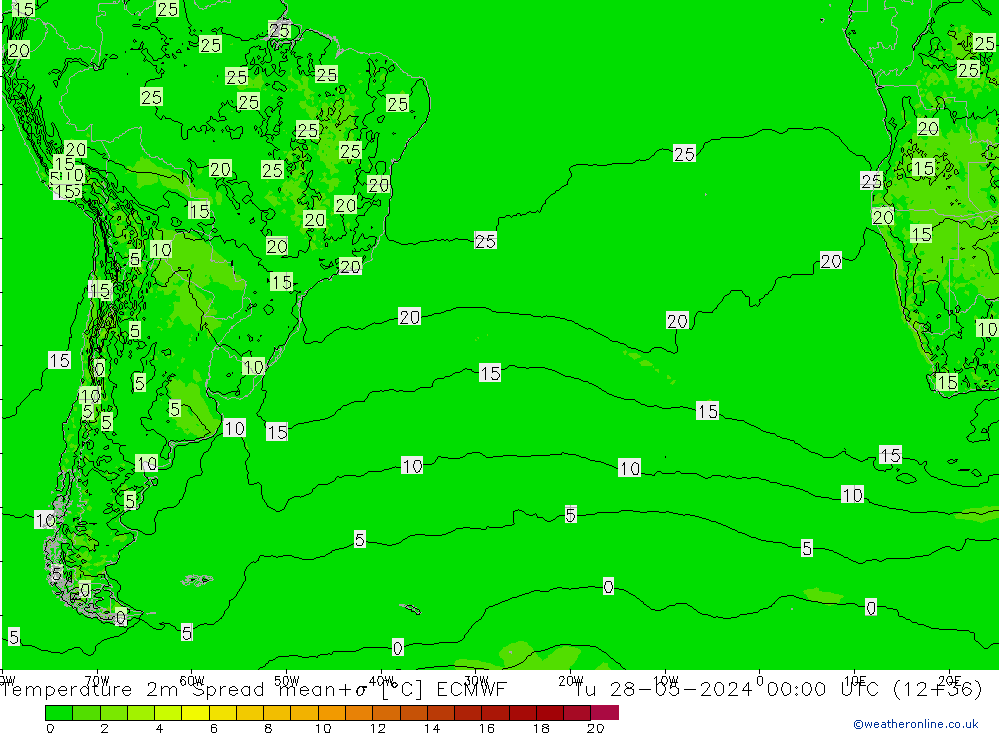 mapa temperatury 2m Spread ECMWF wto. 28.05.2024 00 UTC