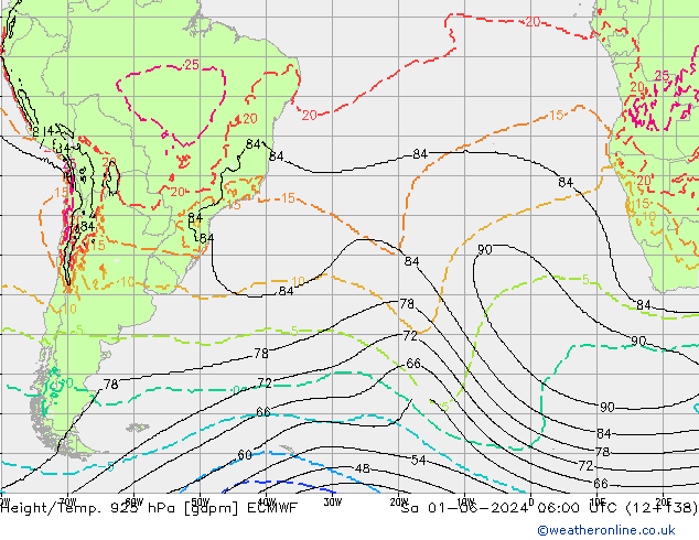 Geop./Temp. 925 hPa ECMWF sáb 01.06.2024 06 UTC