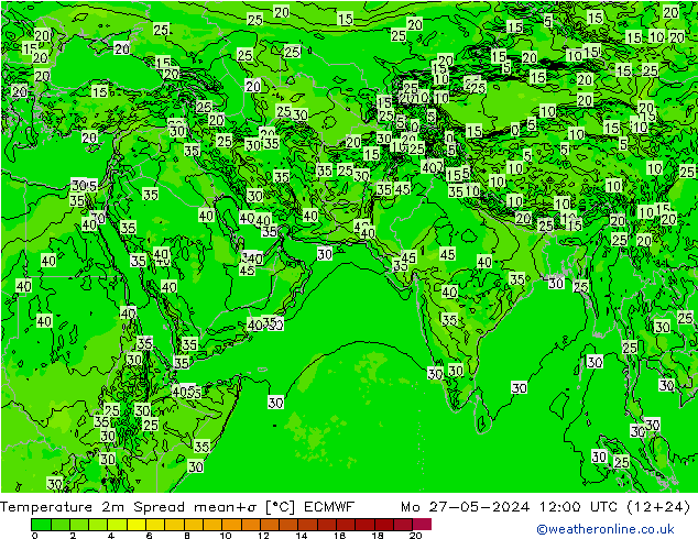 Temperature 2m Spread ECMWF Mo 27.05.2024 12 UTC