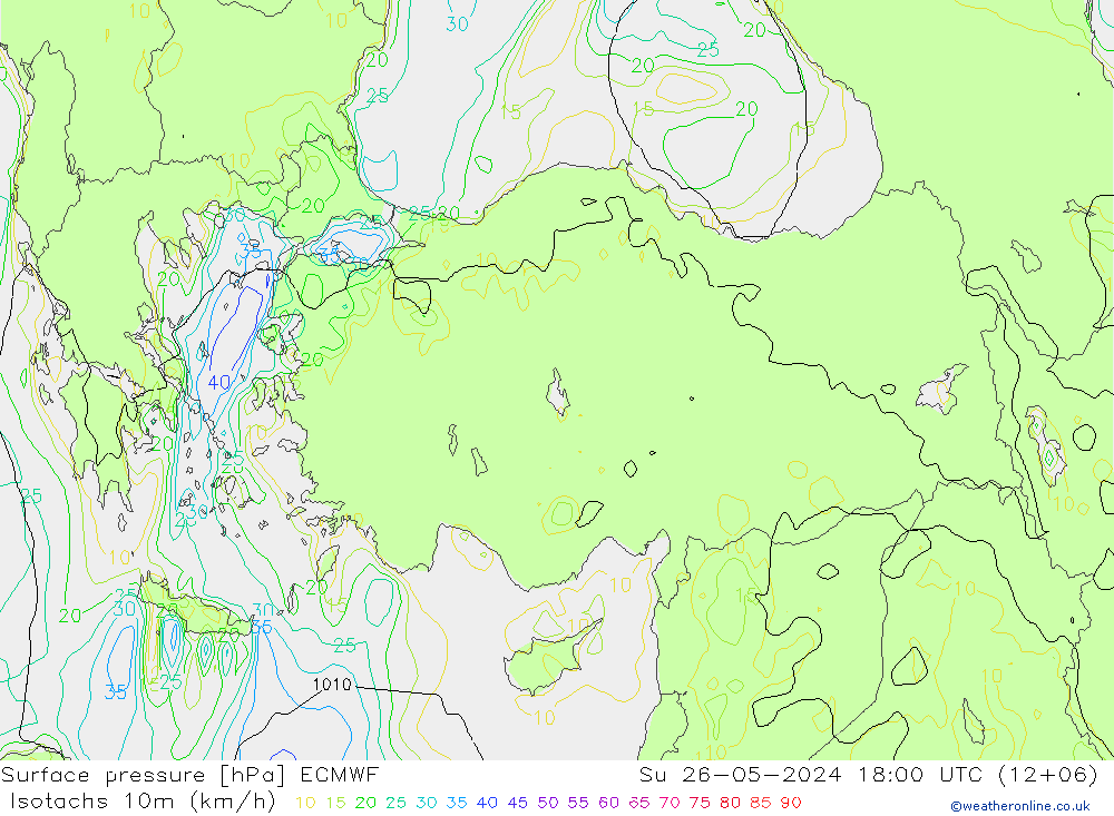 Eşrüzgar Hızları (km/sa) ECMWF Paz 26.05.2024 18 UTC