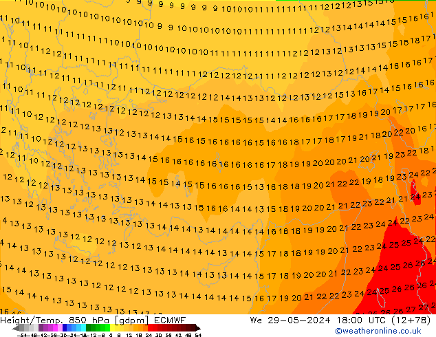 Height/Temp. 850 hPa ECMWF śro. 29.05.2024 18 UTC