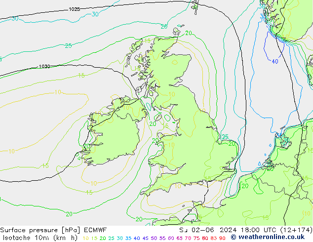 Izotacha (km/godz) ECMWF nie. 02.06.2024 18 UTC