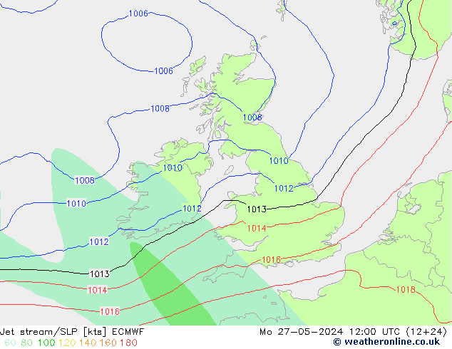 Jet stream/SLP ECMWF Mo 27.05.2024 12 UTC