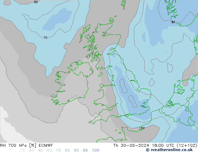 RH 700 hPa ECMWF Th 30.05.2024 18 UTC