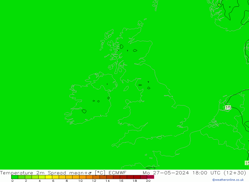 mapa temperatury 2m Spread ECMWF pon. 27.05.2024 18 UTC