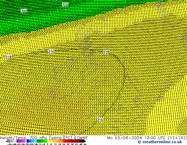 Height/Temp. 700 hPa ECMWF Mo 03.06.2024 12 UTC