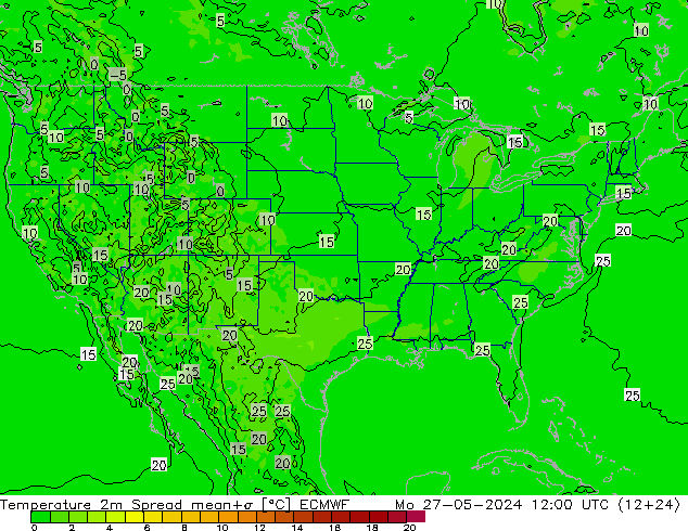 карта температуры Spread ECMWF пн 27.05.2024 12 UTC