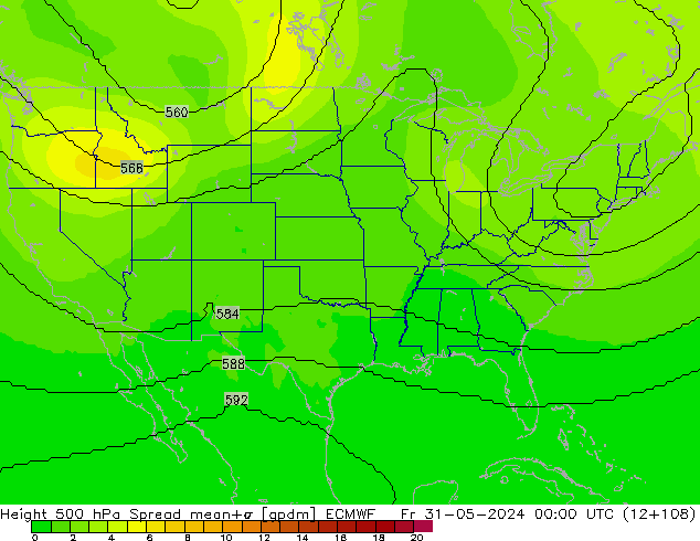 Hoogte 500 hPa Spread ECMWF vr 31.05.2024 00 UTC