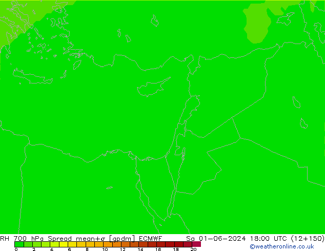 Humedad rel. 700hPa Spread ECMWF sáb 01.06.2024 18 UTC