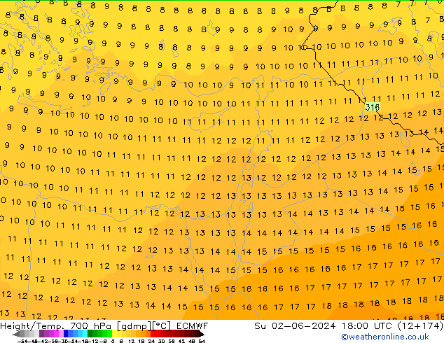 Height/Temp. 700 hPa ECMWF Dom 02.06.2024 18 UTC