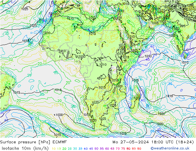 Isotaca (kph) ECMWF lun 27.05.2024 18 UTC