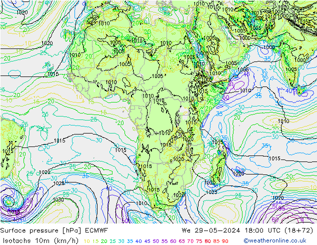 Isotachen (km/h) ECMWF wo 29.05.2024 18 UTC