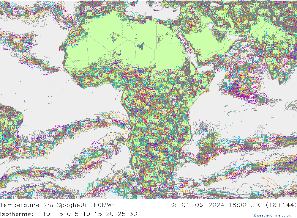 Temperature 2m Spaghetti ECMWF Sa 01.06.2024 18 UTC