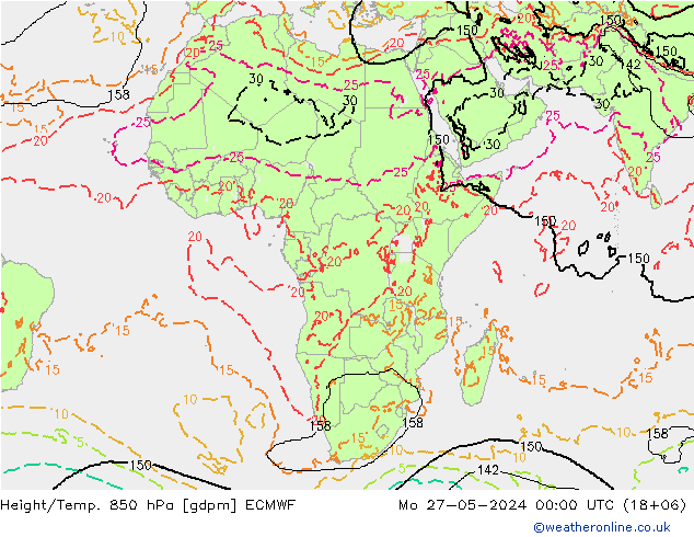 Geop./Temp. 850 hPa ECMWF lun 27.05.2024 00 UTC